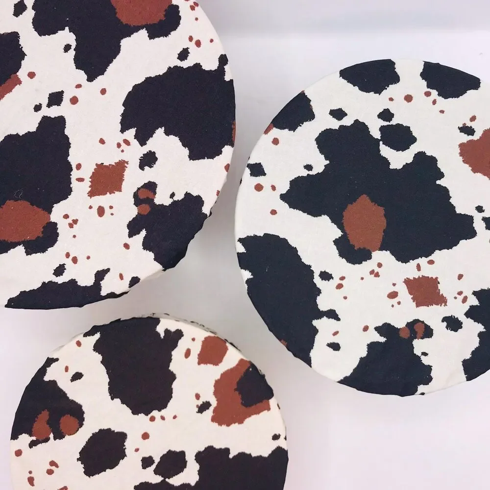 Cotton Bowl Cover For Sourdough, 3 Pc Set, Reusable Washable Cow Print Brown